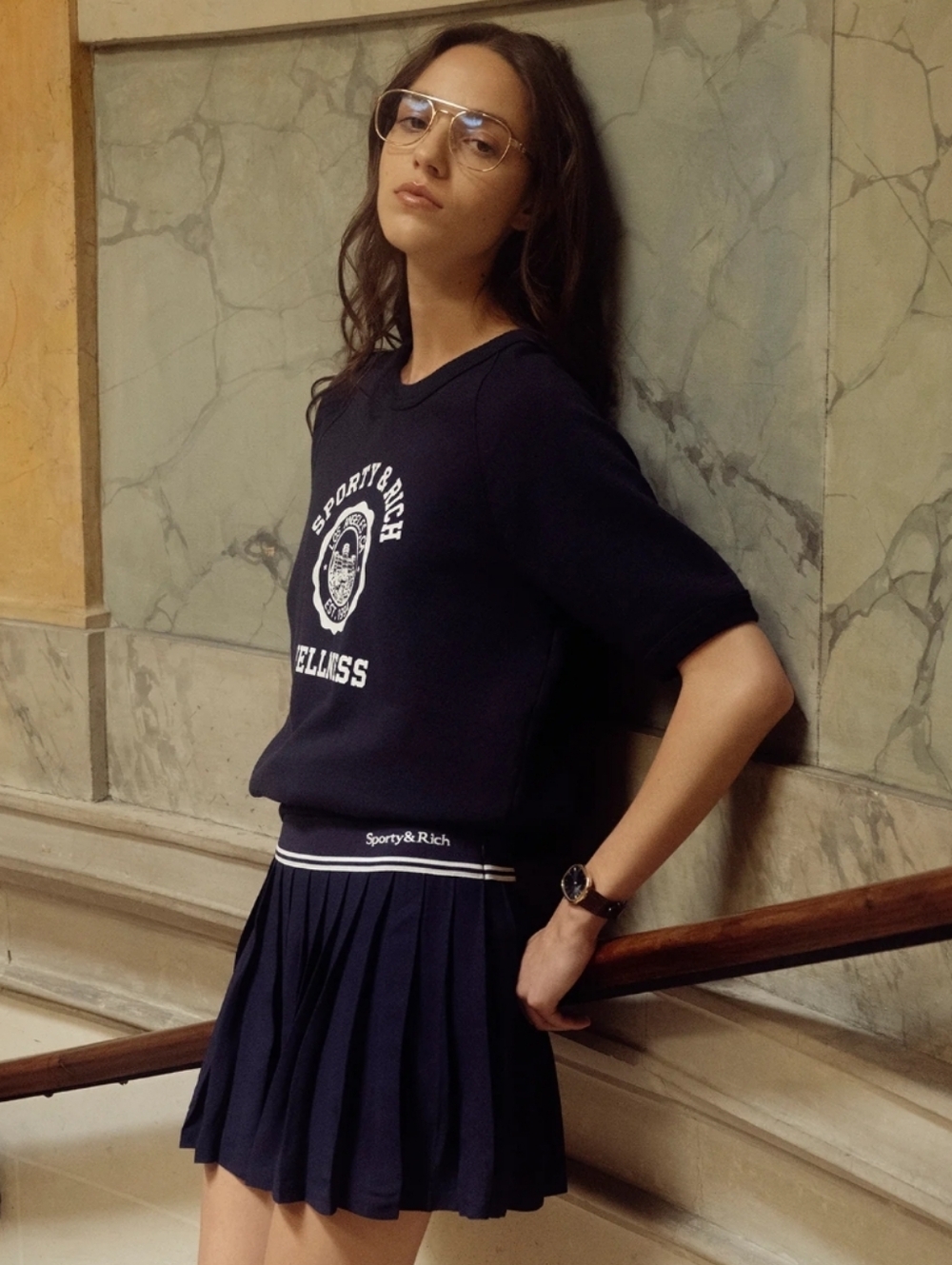 Sporty And Rich Abigail Navy Mini Tennis Pleated Skirt Size Large
